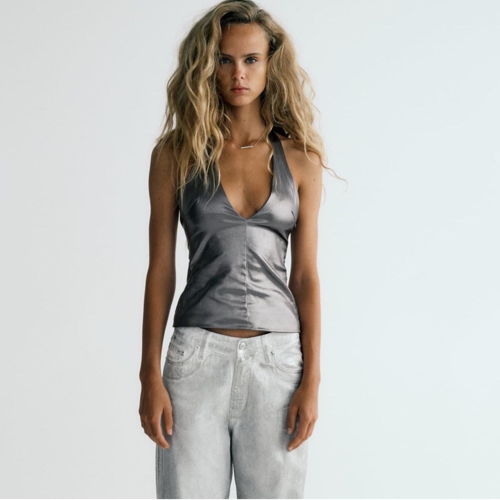 Zara Silver Satin Halter Tank Top